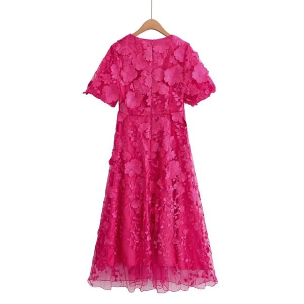 566226707 Three dimensional flower V-neck short sleeved long dress