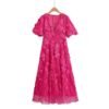 566226708 Three dimensional flower V-neck short sleeved long dress
