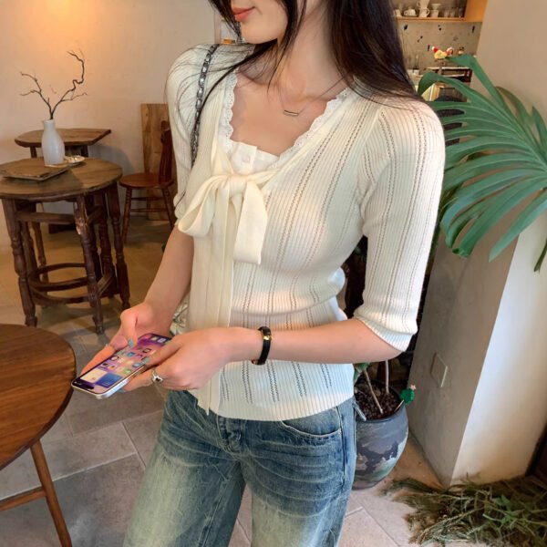 Lace Spliced Mock Two-Piece Knotted Knit Top for Women