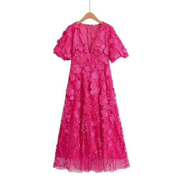 566226706 Three dimensional flower V-neck short sleeved long dress