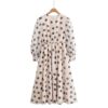 566226704 Polka dot print round neck bubble sleeves cinched waist jumpsuit long skirt