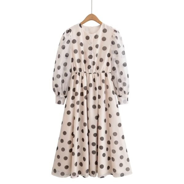 566226704 Polka dot print round neck bubble sleeves cinched waist jumpsuit long skirt