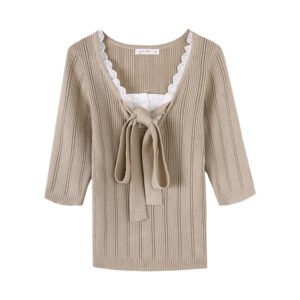 566226784 Lace Spliced Mock Two-Piece Knotted Knit Top for Women