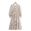 566226705 Polka dot print round neck bubble sleeves cinched waist jumpsuit long skirt